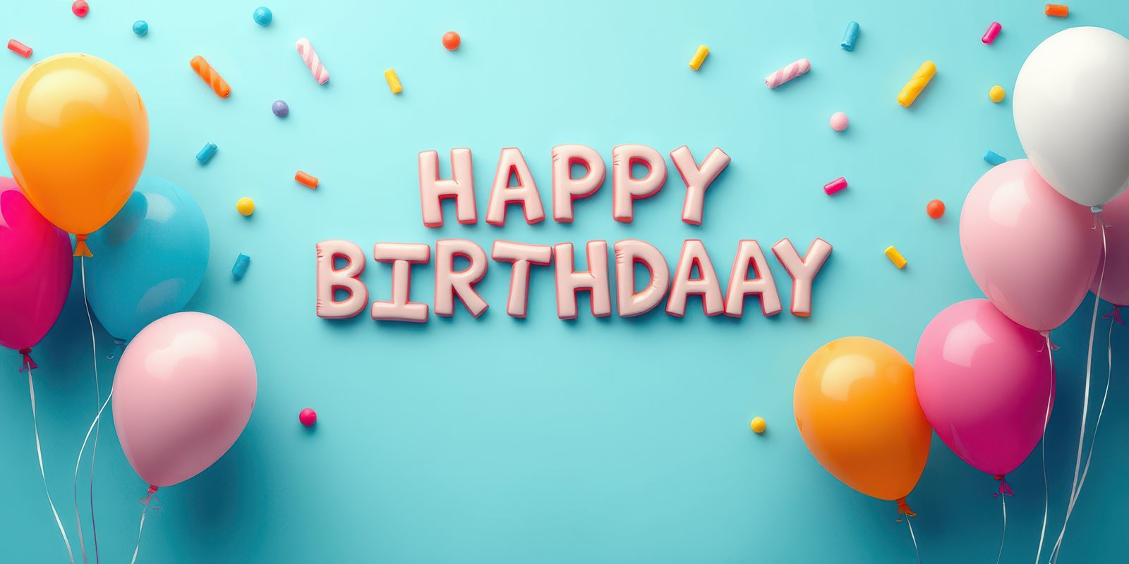 Colorful birthday decorations with balloons and cheerful confetti on a blue background celebrating a special day